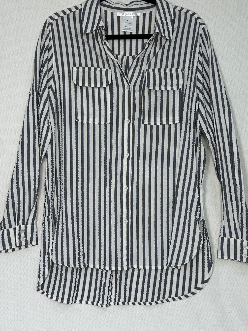 Joie Blue, White and Gold Striped Long-Sleeve Button-Up Blouse